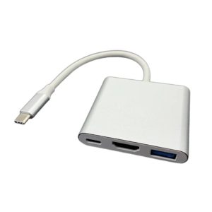 מתאם Type-C 3 in 1 עם HDMI, USB וטעינה – פתרון קומפקטי בצבע כסוף