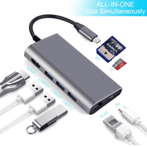 מפצל 8 ב‑1 Type-C למחשב נייד – כולל HDMI 4K, רשת Gigabit, קורא כרטיסים, USB 3.0 וטעינה
