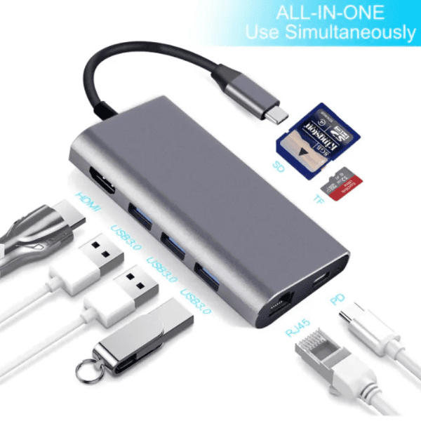 מפצל 8 ב‑1 Type-C למחשב נייד – כולל HDMI 4K, רשת Gigabit, קורא כרטיסים, USB 3.0 וטעינה