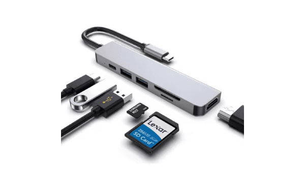 מתאם Type-C Hub 6 in 1 עם HDMI, USB, SD, MicroSD וטעינה – פתרון חכם וקומפקטי למחשב ונייד